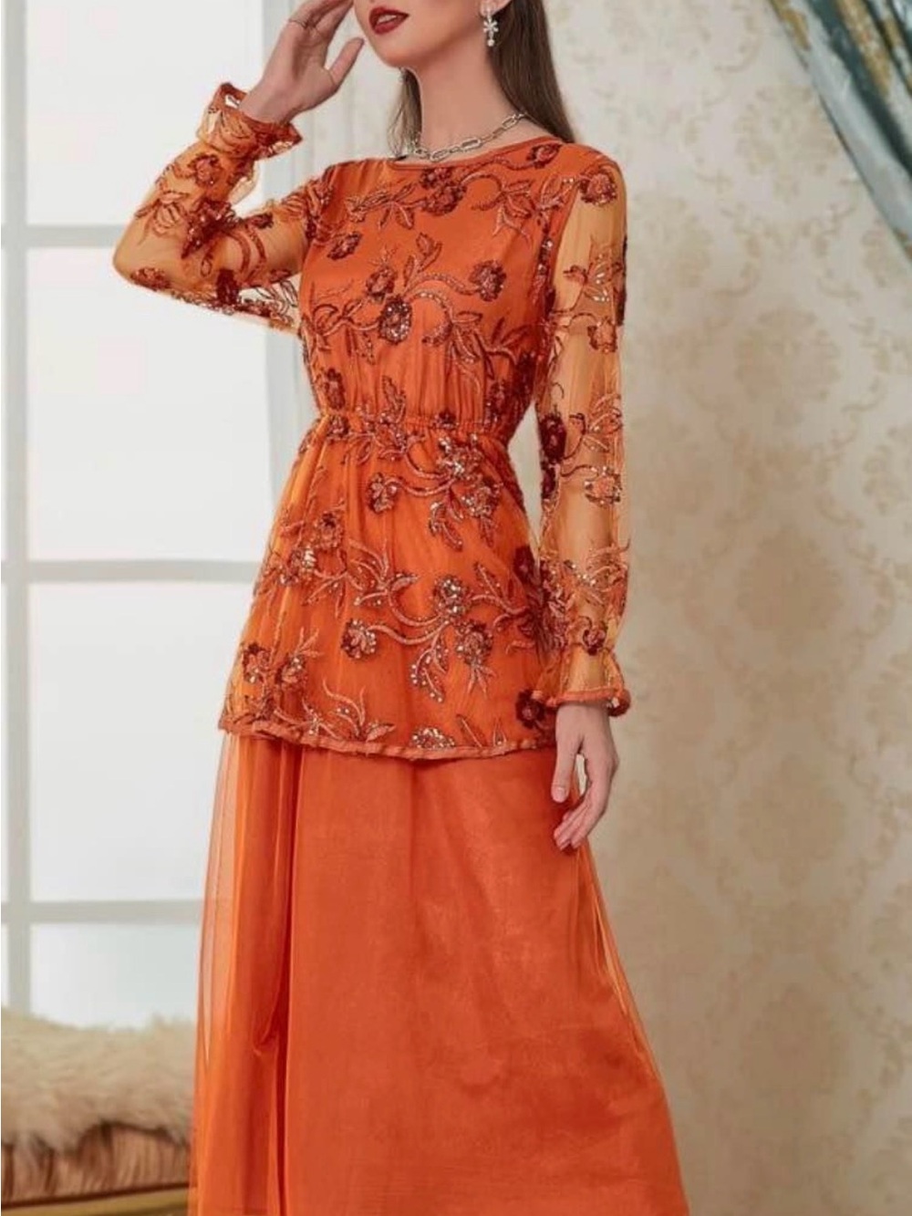 Elegant Orange Embroidered Evening Dress